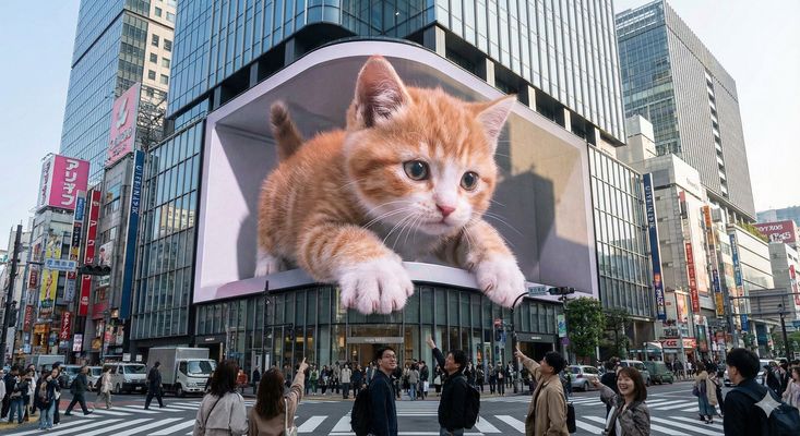 Giant cat popping out of the screen, urban wonder