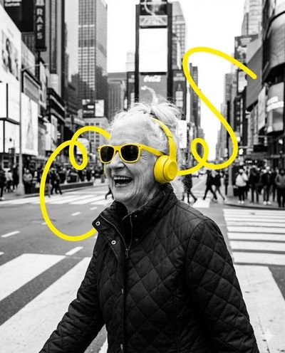 Elderly woman laughing in the city, embellished with yellow accents