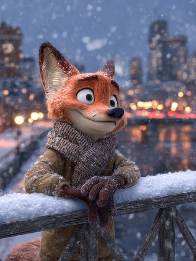 A fox gazing at city lights on a bridge on a snowy night