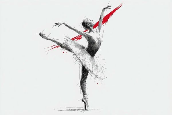 Black and white realistic sketch with red accents