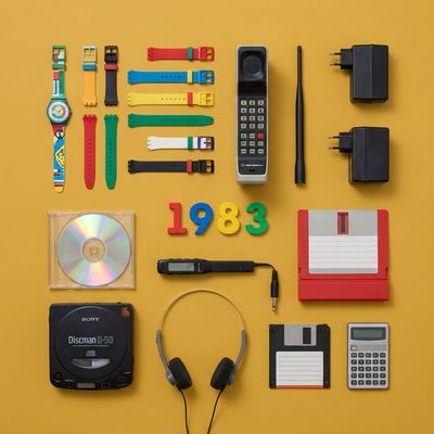 1983 tech nostalgia flat lay photography