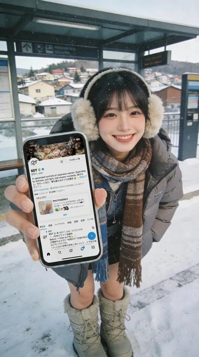 Snowy scene selfie phone close-up preset