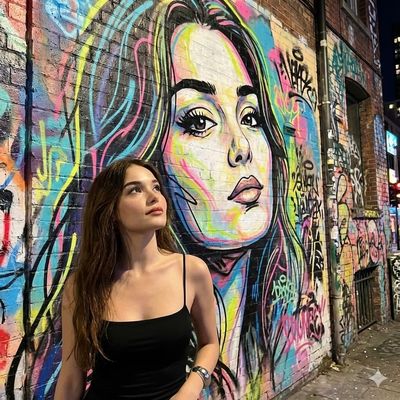 Street art scene: Large graffiti portrait in front of the reference person