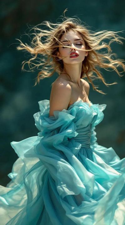 A young girl in a blue dress in the wind